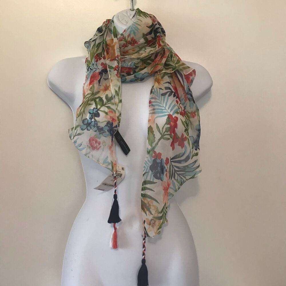 INC International Concept Botanical Crescent Scarf Tassles Wrap Florals Colorful